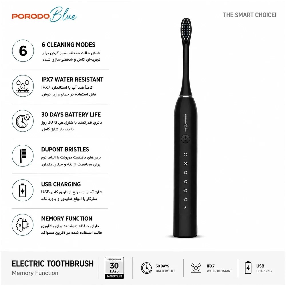 مسواک شارژی اقتصادی Porodo مدل Electric Toothbrush with Memory Function